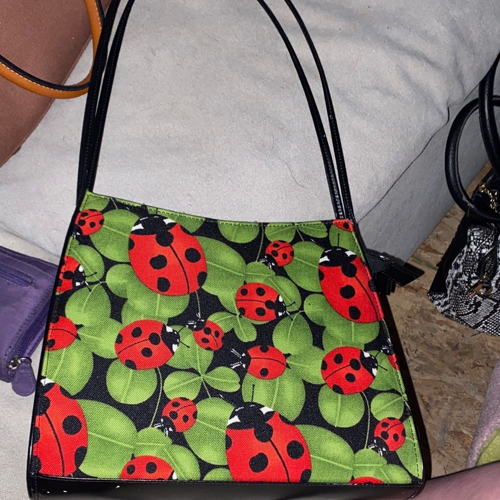 Ladybug Print Handbag - Black and Red